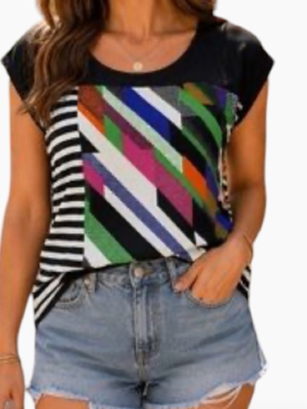 Calvin Klein Black/White Multi Geometric/Stripe Mixed Print Short Sleeve Top L